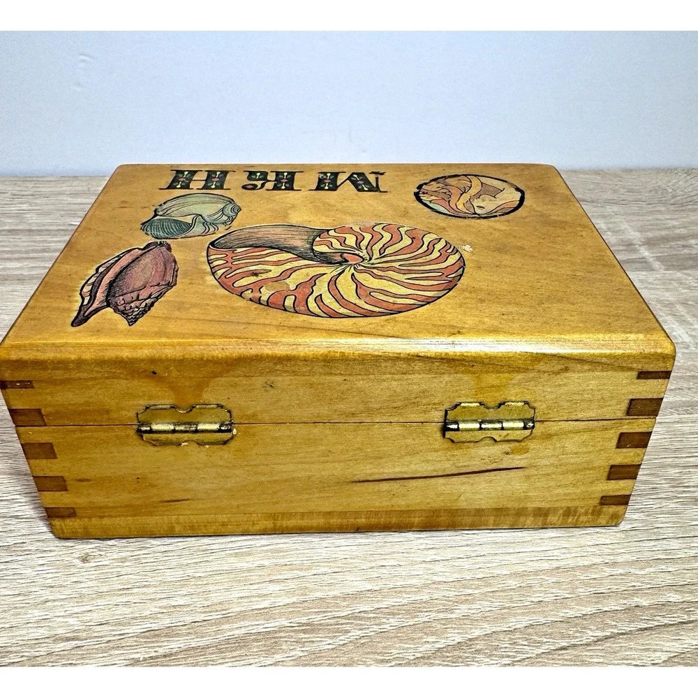 Vintage Wood Jewelry Box Nautilus Shell Hinged Trinket Coastal Sea Life Décor